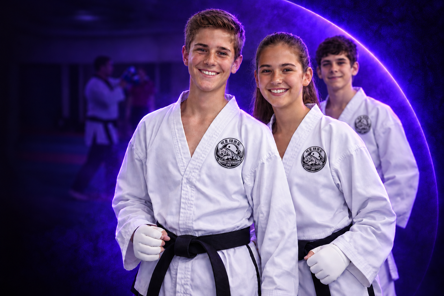Three smiling Taekwondo students, with violet lighting