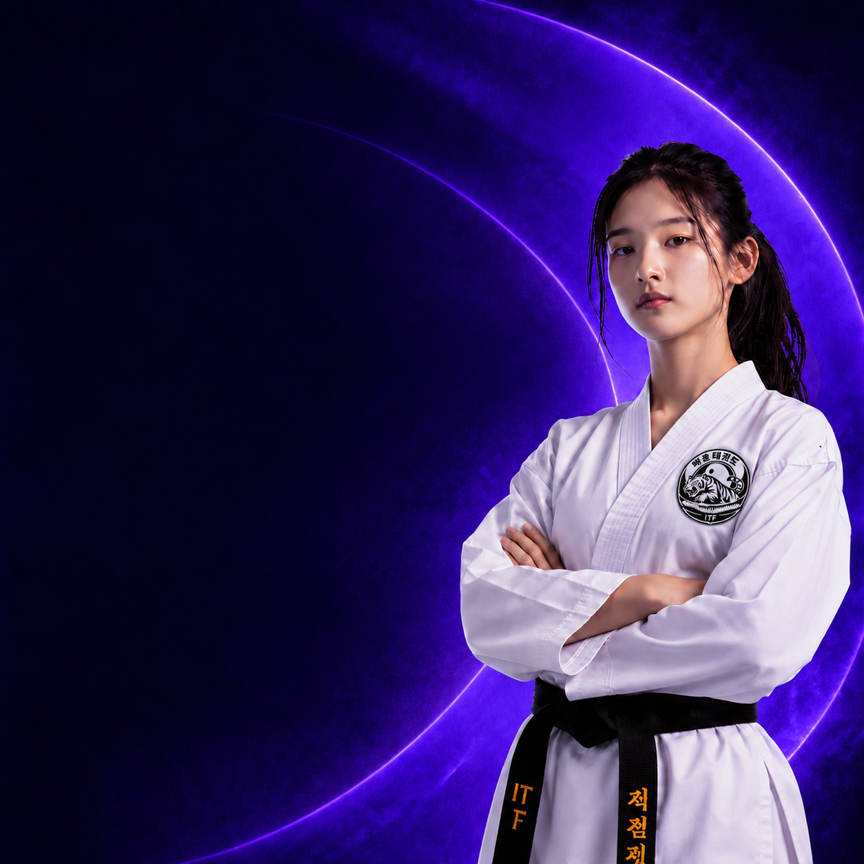 Baekho Taekwondo martial artist in a white uniform against a violet background